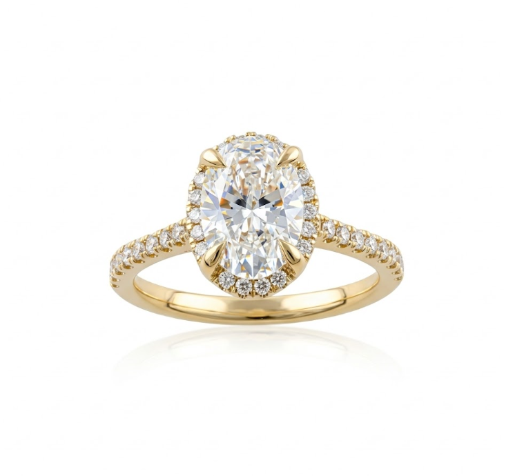 Oval Lab-Grown Diamond Halo Ring | 14K Yellow Gold | 1.80 ct Center | Diamond Halo Engagement Design - Brownee Jewelers