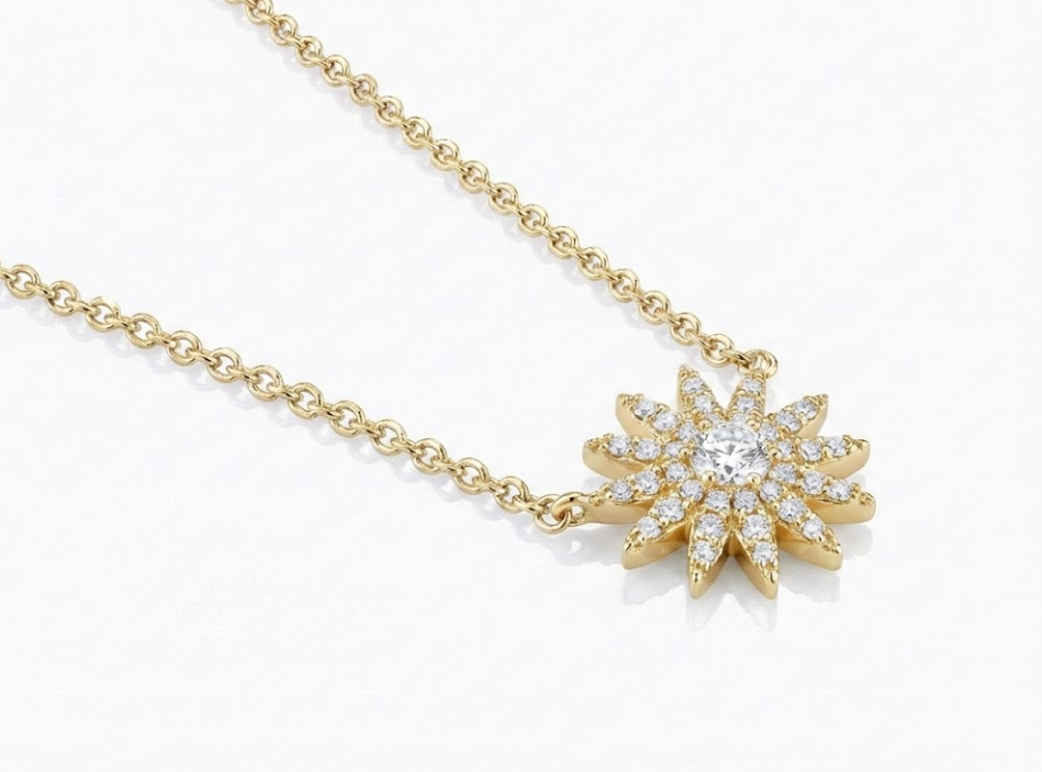 Diamond Starburst Necklace | 14K Yellow Gold | 0.15 ctw | Celestial Pendant Necklace - Brownee Jewelers