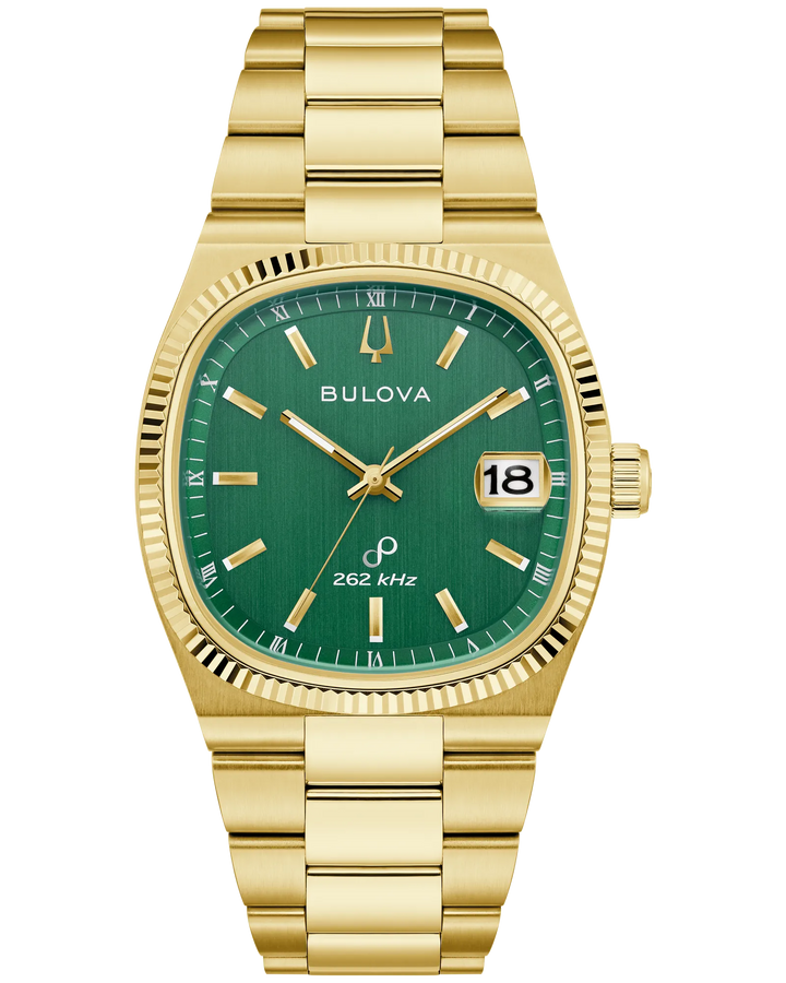 Bulova Super Seville Men's Gold-Tone Stainless Steel Watch | Green Dial | High Precision Quartz | Date Display | 97B237 - Brownee Jewelers