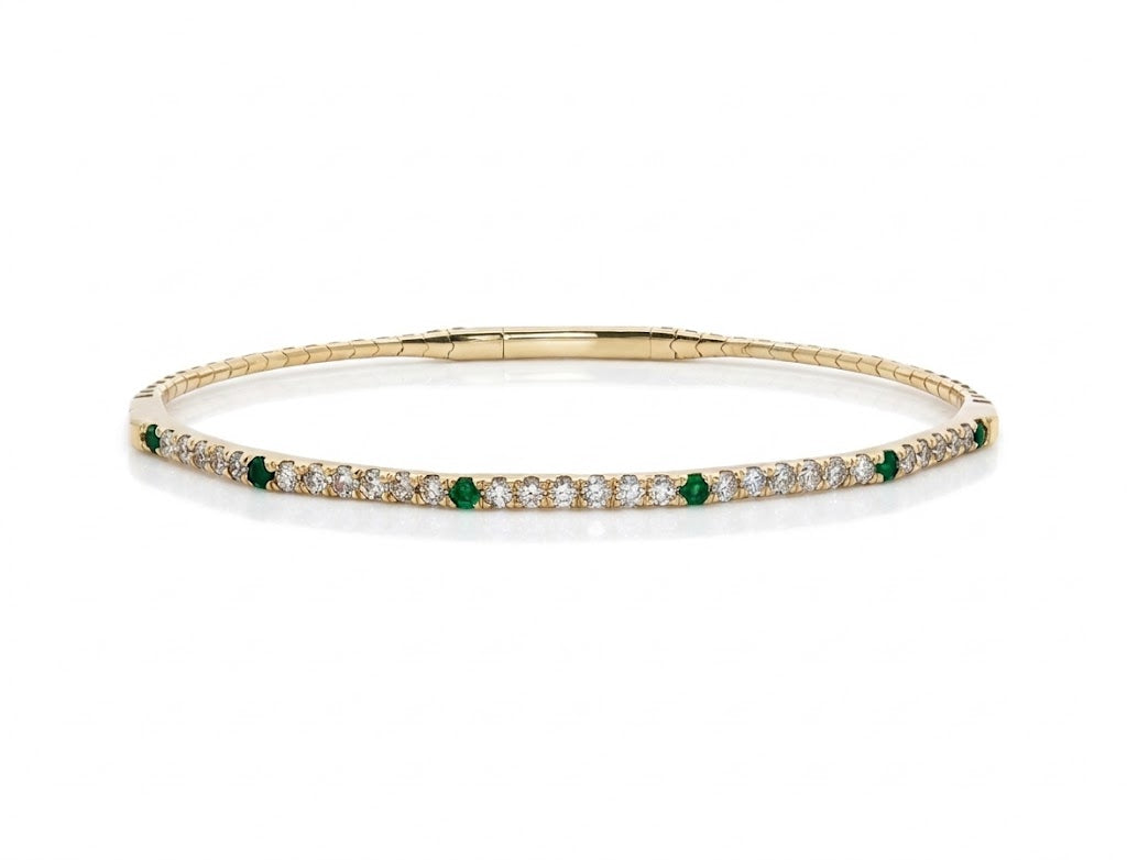 Round Emerald and Diamond Flex Bangle in 14kt Yellow Gold