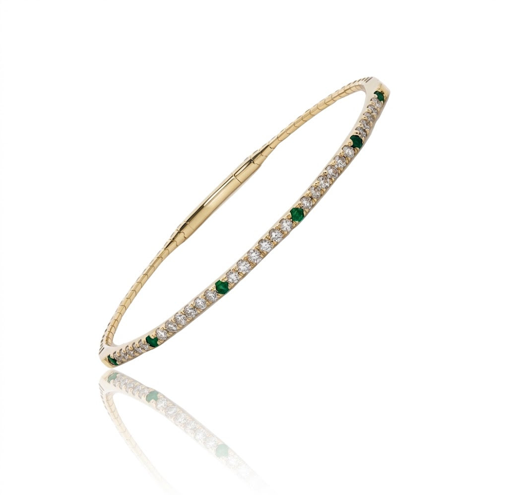 Round Emerald and Diamond Flex Bangle in 14kt Yellow Gold