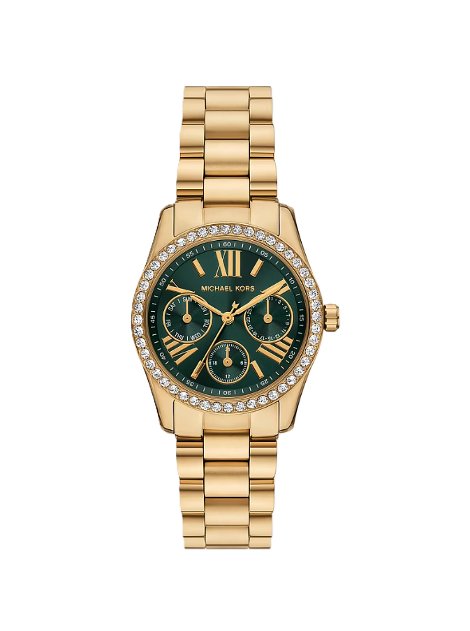 Mini Lexington Pavé Gold-Tone Watch | Michael Kors | Gold-Tone Stainless Steel | 33mm Case | Green Dial Multi-Function Watch - Brownee Jewelers