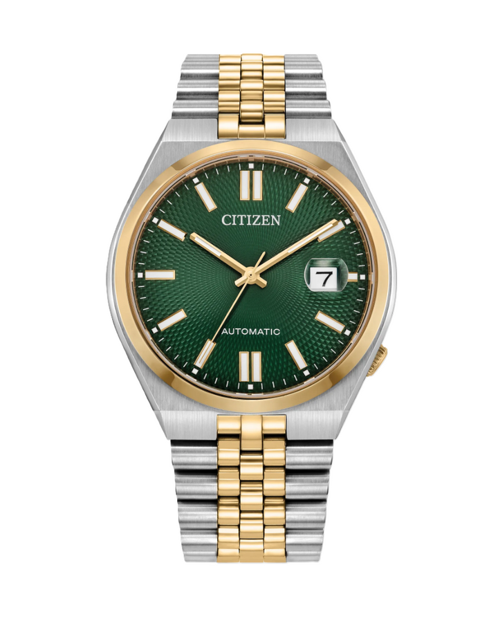 MEN'S CITIZEN TSUYOSA 60 GOLD AND SILVER TONE STAINLESS STEEL WATCH WITH GREEN DIAL, 40 MILLIMETER CASE, AND DATE DISPLAY