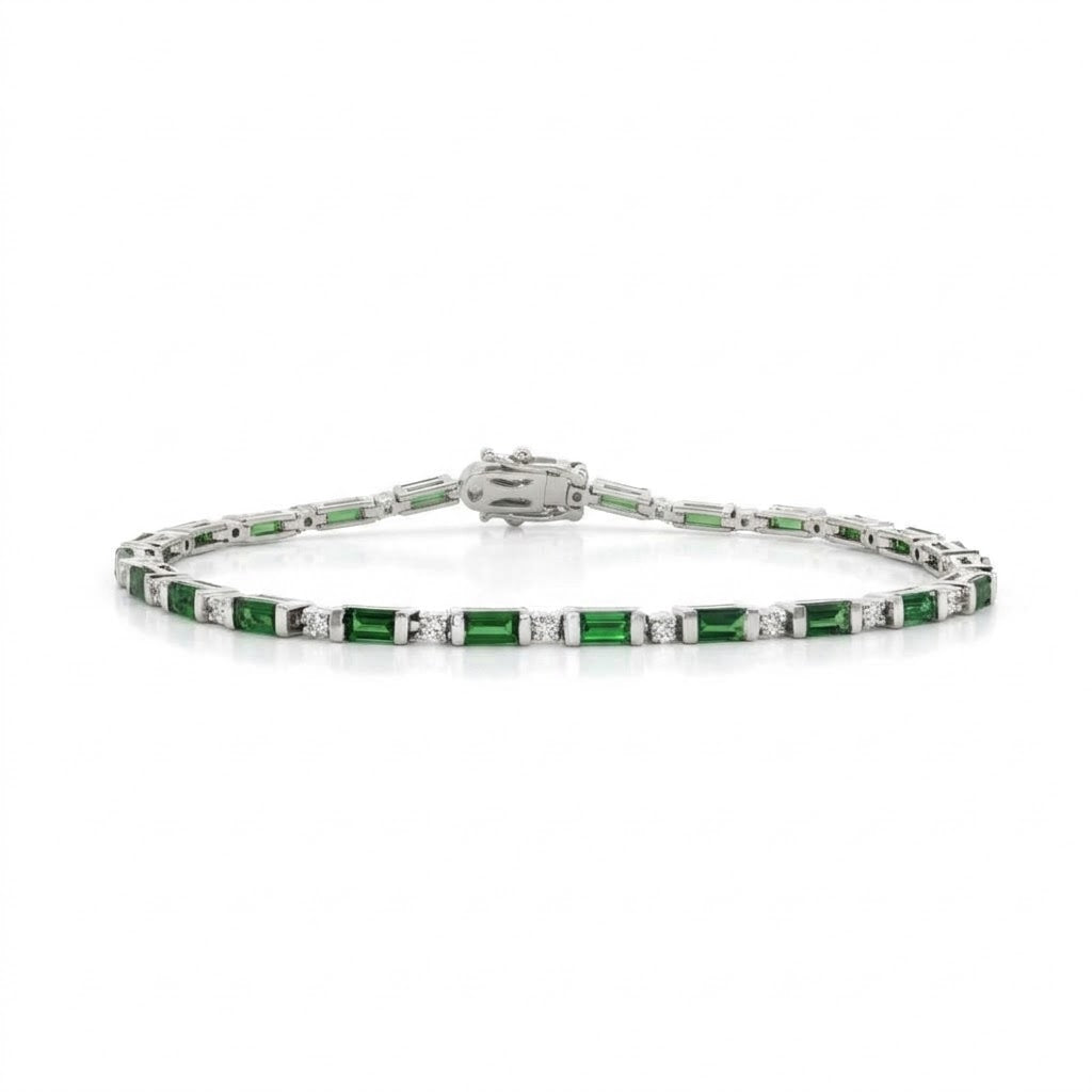 Tsavorite garnet and diamond tennis bracelet in 14kt white gold 