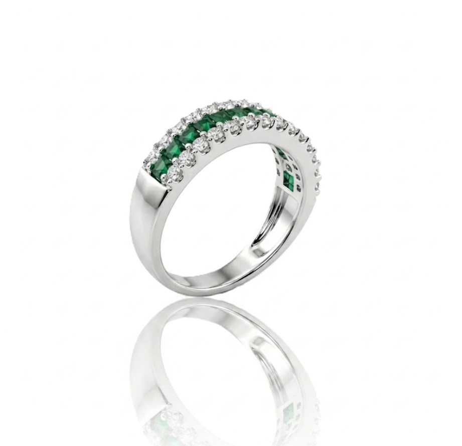 Emerald & Lab-Grown Diamond Three-Row Band | 10K White Gold | 0.85 ctw | Stackable Ring - Brownee Jewelers