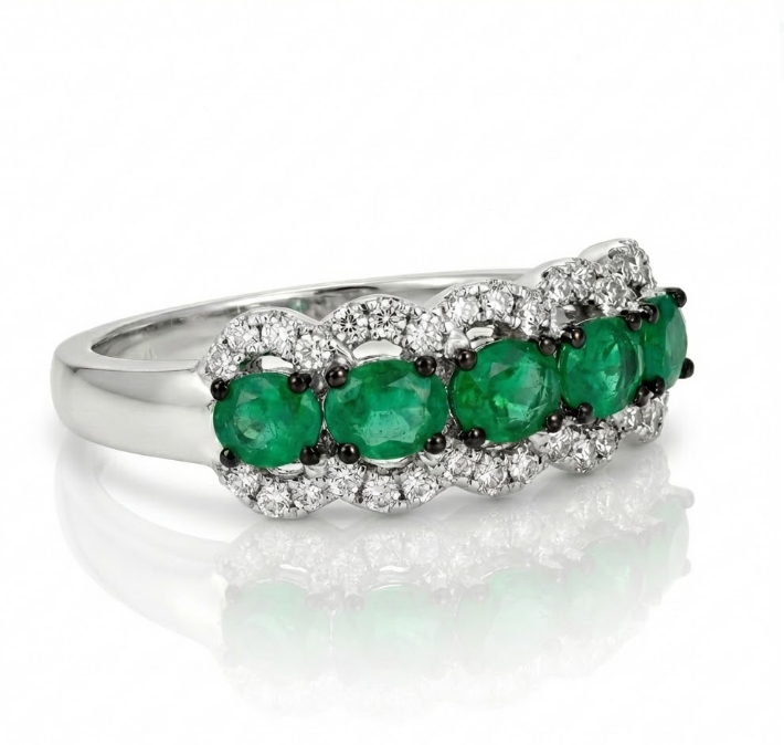 Oval Emerald & Diamond Ring | 14K White Gold | 0.35 ctw | Alternating Gem Band - Brownee Jewelers