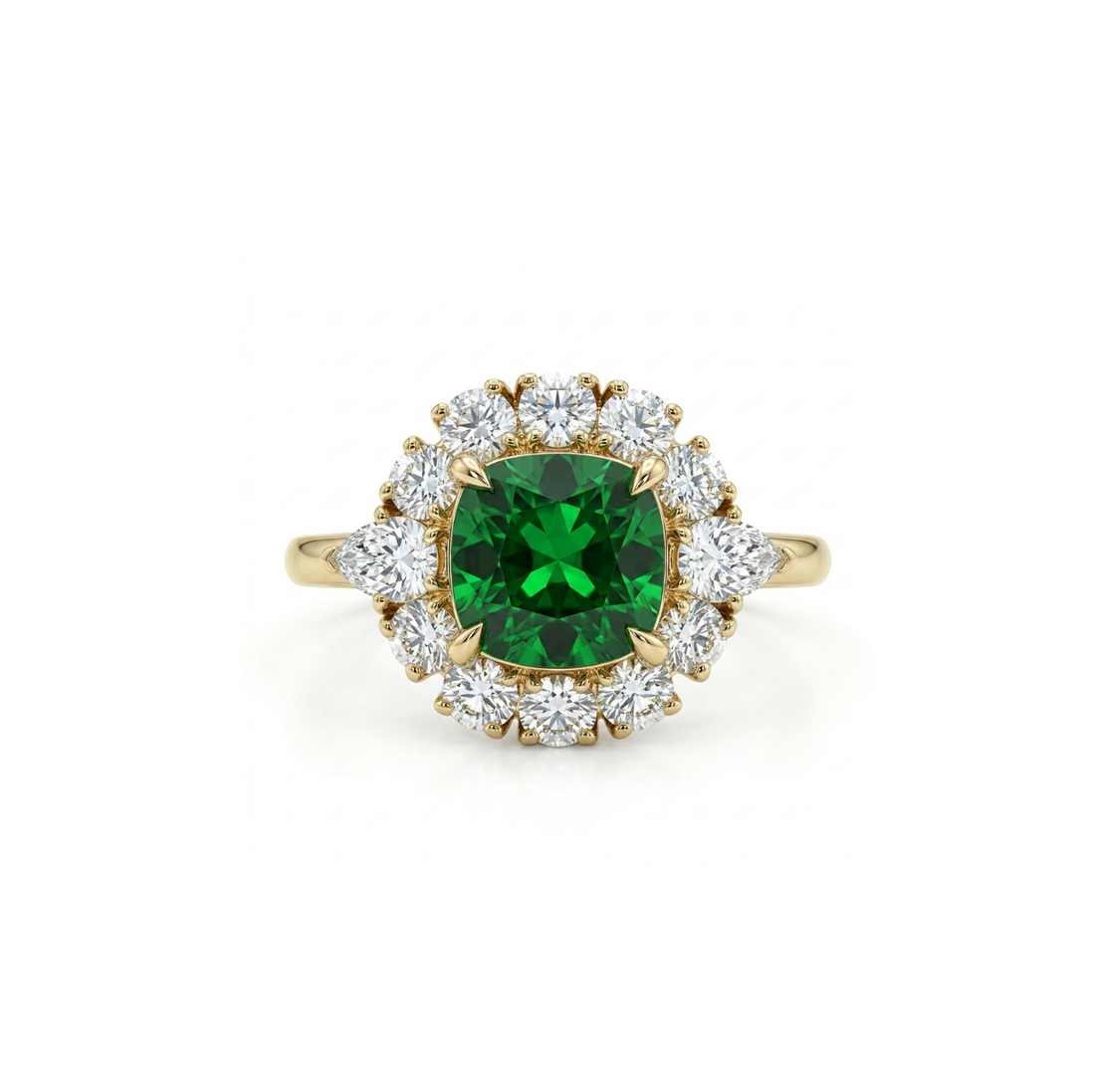 Cushion Emerald & Lab-Grown Diamond Halo Ring | 10K Yellow Gold | 1.90 ctw | Halo Ring - Brownee Jewelers