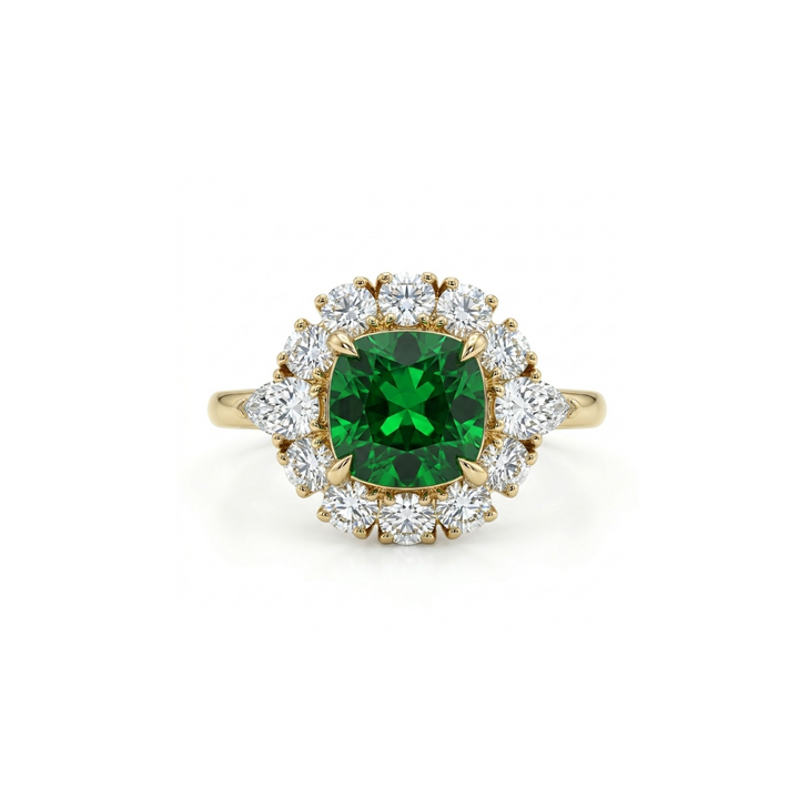 Cushion Emerald & Lab-Grown Diamond Halo Ring | 10K Yellow Gold | 1.90 ctw | Halo Ring - Brownee Jewelers