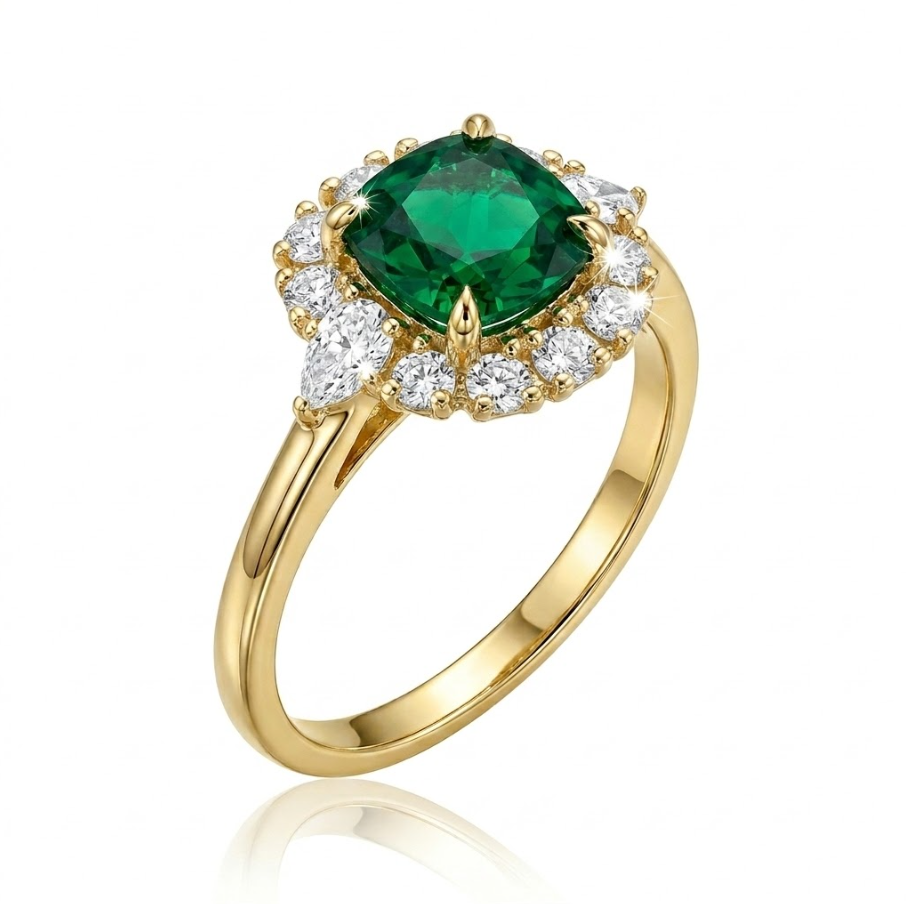 Cushion Emerald & Lab-Grown Diamond Halo Ring | 10K Yellow Gold | 1.90 ctw | Halo Ring - Brownee Jewelers