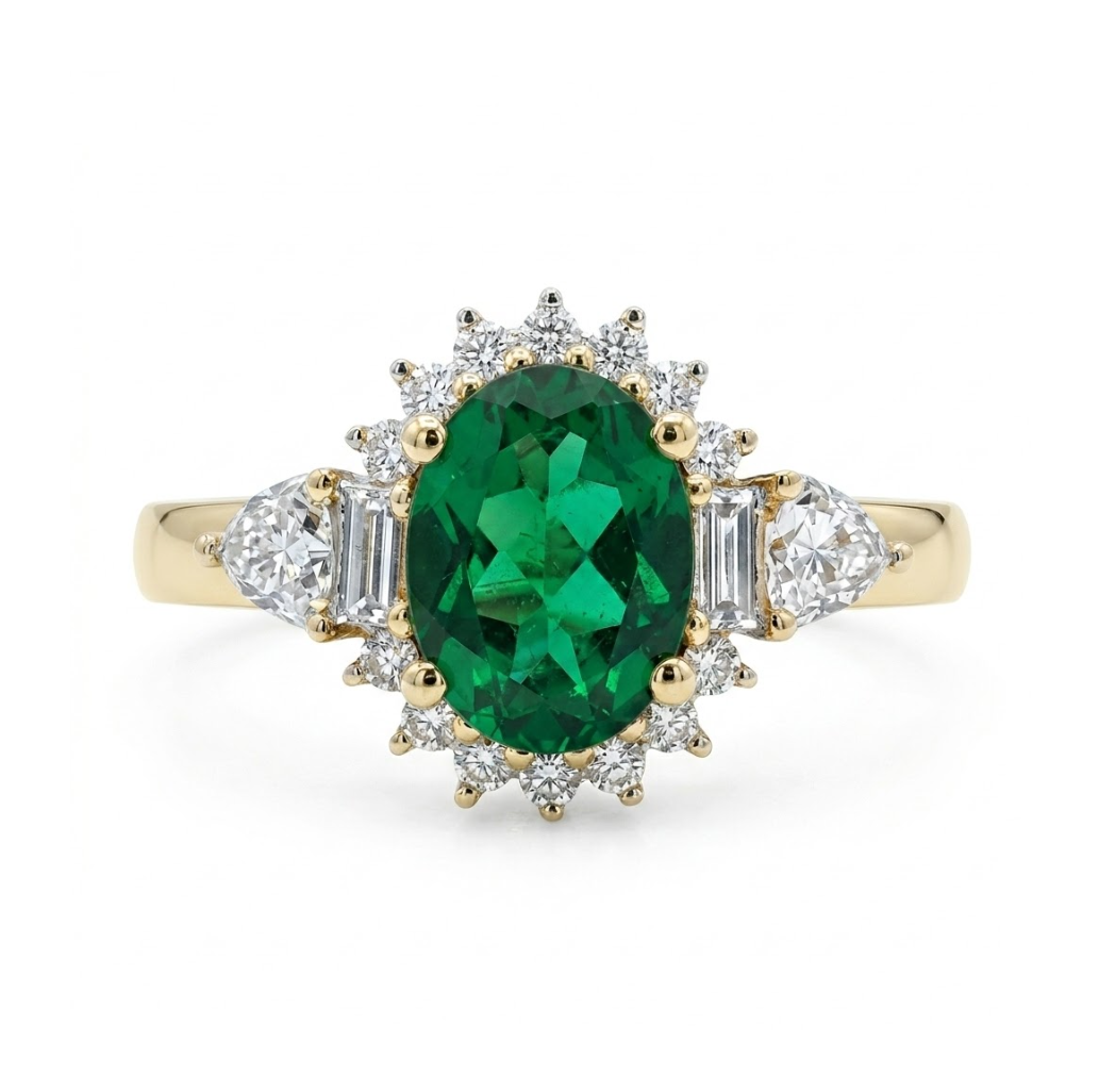 Oval Emerald & Lab-Grown Diamond Halo Ring | 1.50 ct Emerald | 0.40 ctw Diamonds | 10K Yellow Gold - Brownee Jewelers