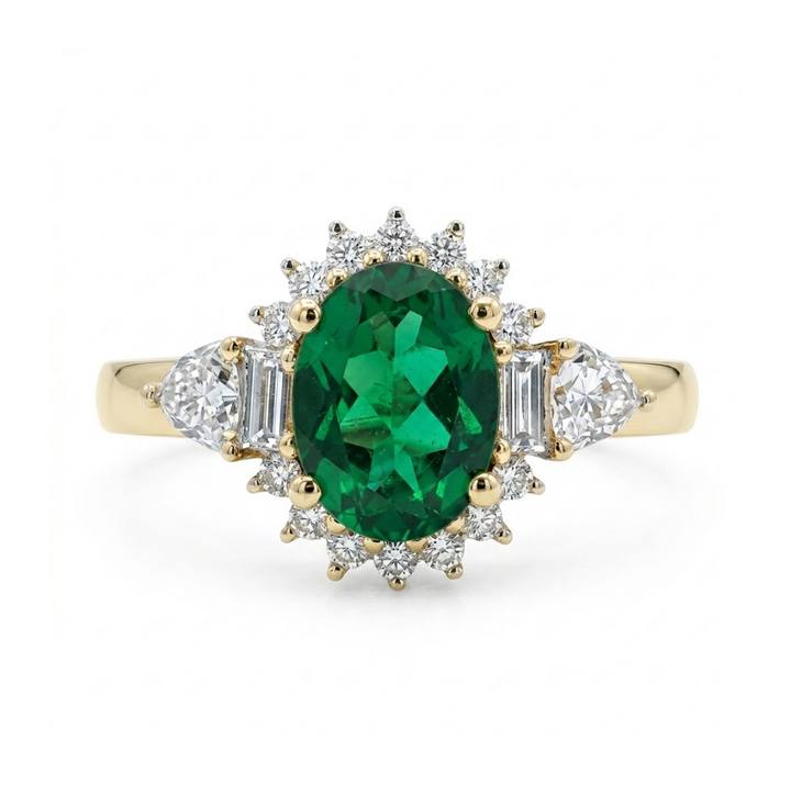 Oval Emerald & Lab-Grown Diamond Halo Ring | 1.50 ct Emerald | 0.40 ctw Diamonds | 10K Yellow Gold - Brownee Jewelers