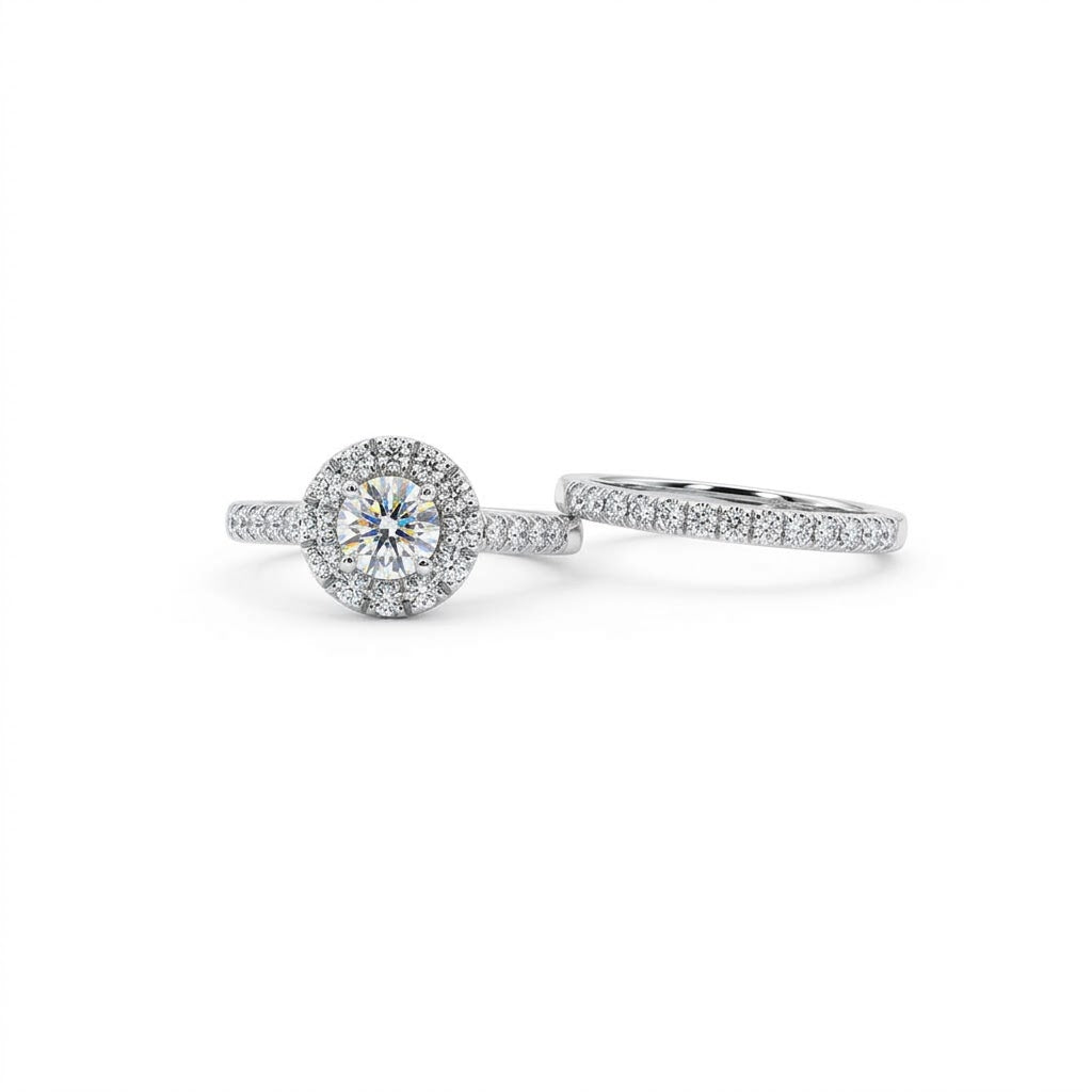 ROUND LAB-GROWN DIAMOND HALO BRIDAL RING SET | .51CT | 14K WHITE GOLD | LGR15451-100 - Brownee Jewelers