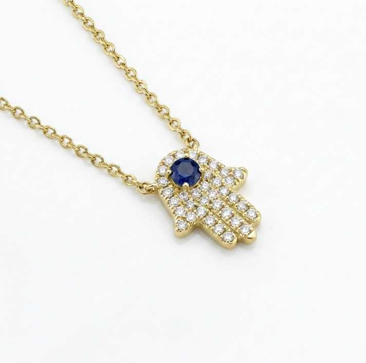 SHY CREATION | 0.09CT DIAMOND & 0.08CT BLUE SAPPHIRE HAMSA NECKLACE | 14K YELLOW GOLD | SC55005245 - Brownee Jewelers