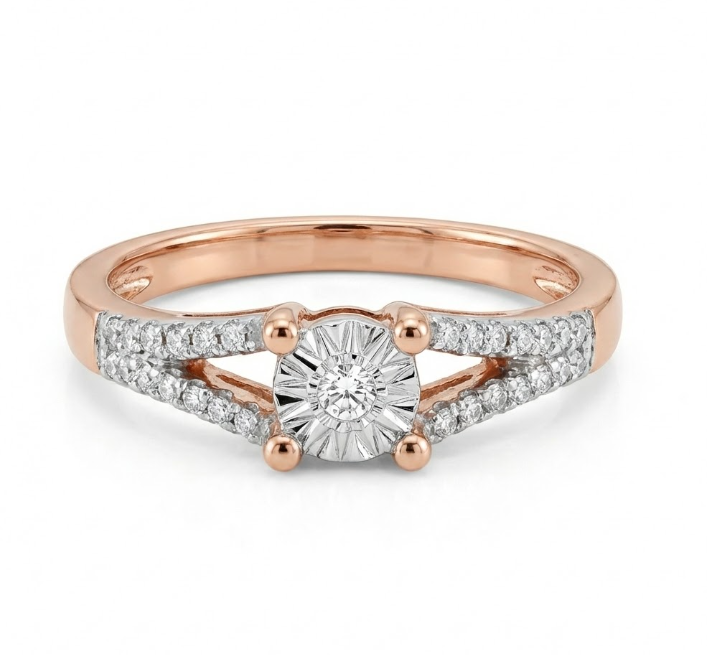 Diamond Accent Ring | 0.10 ctw | 10K Two-Tone Gold | Round Center with Pavé Shoulders - Brownee Jewelers