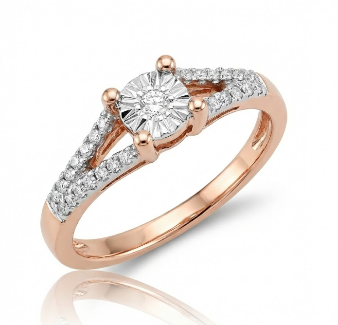 Diamond Accent Ring | 0.10 ctw | 10K Two-Tone Gold | Round Center with Pavé Shoulders - Brownee Jewelers