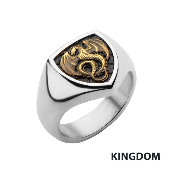  Polished Steel Frame with Black IP Pattern Antique Stamped Brass Dragon Ring