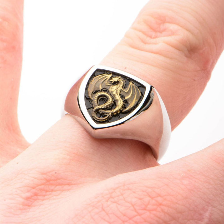 Polished Steel Frame with Black IP Pattern Antique Stamped Brass Dragon Ring