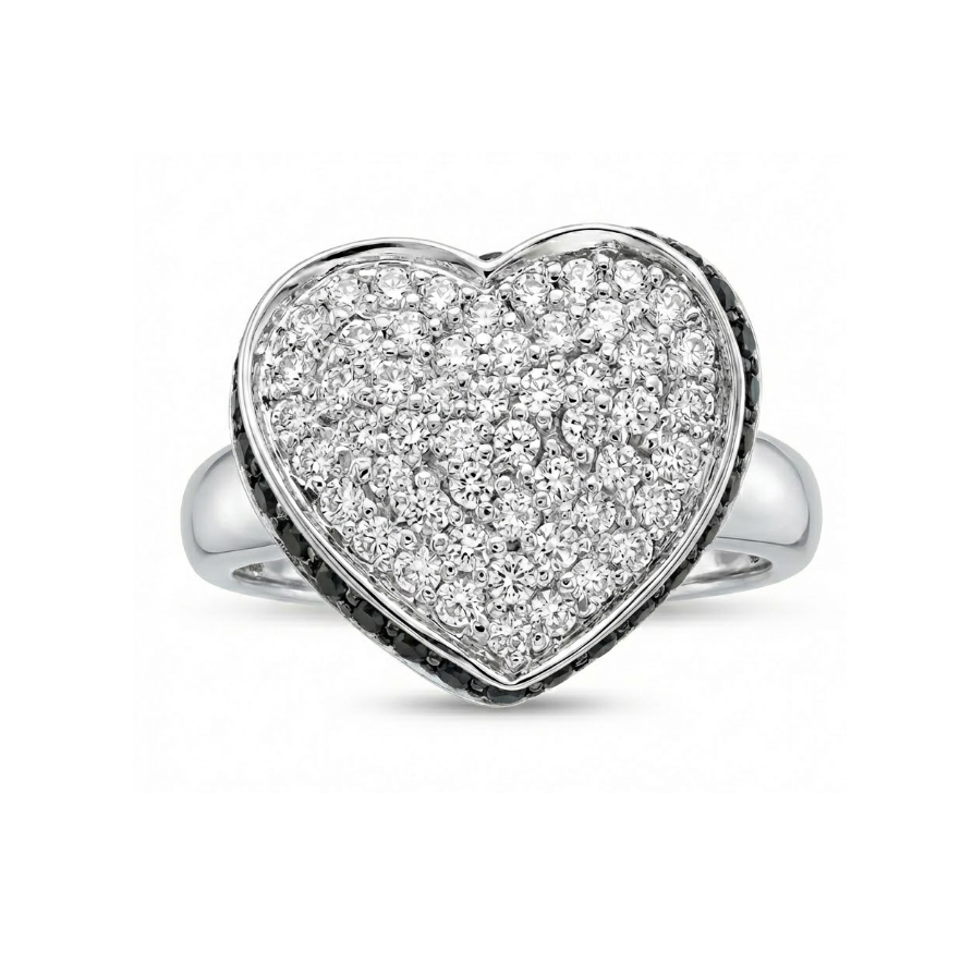 Black & White Diamond Heart Ring | 0.75 ctw | 14K White Gold | Pavé Love Design - Brownee Jewelers