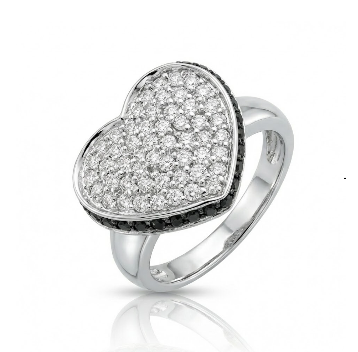 Black & White Diamond Heart Ring | 0.75 ctw | 14K White Gold | Pavé Love Design - Brownee Jewelers