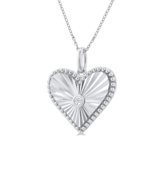Silver Heart Fluted Diamond Medallion Pendant