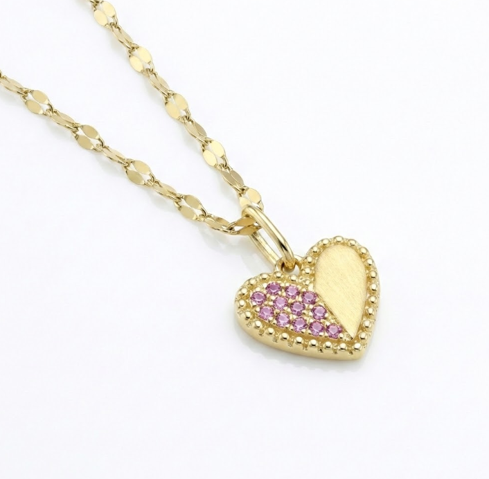 Pink Sapphire Heart Necklace | 14K Yellow Gold | 0.08 ctw | Matte Sparkle Chain Pendant - Brownee Jewelers