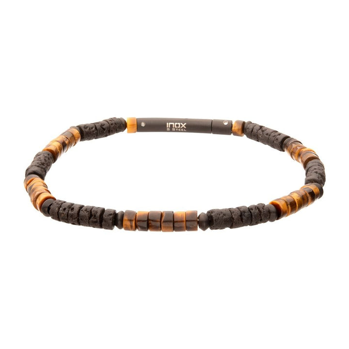 Tiger Eye & Lava Stone Heishi Bead Bracelet | Stainless Steel | Tiger Eye Accents | Heishi Bead Design | Magma Collection - Brownee Jewelers