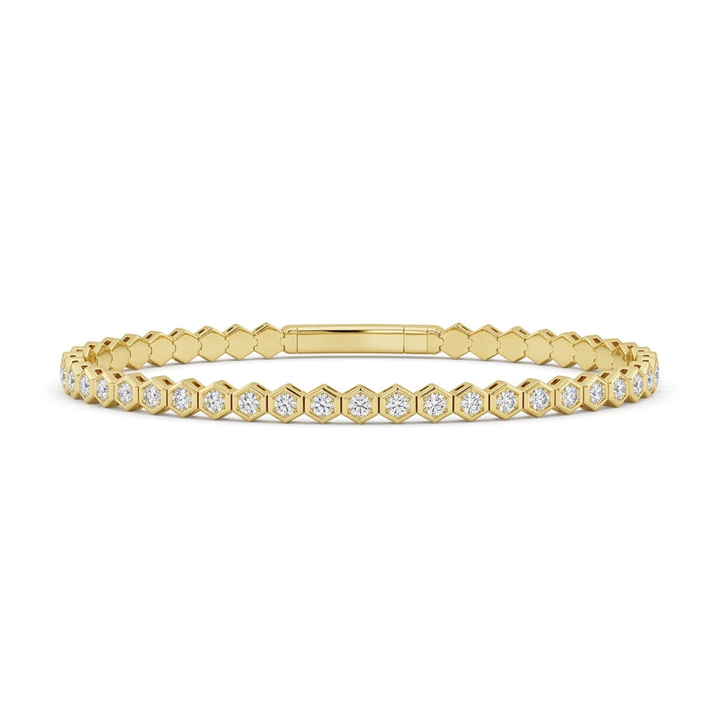 Round Diamond Hexagon Flex Bangle Bracelet | 14K Yellow Gold | 2 1/6 CTW Bezel Set Diamonds | FSBG5566S8Y-6C - Brownee Jewelers