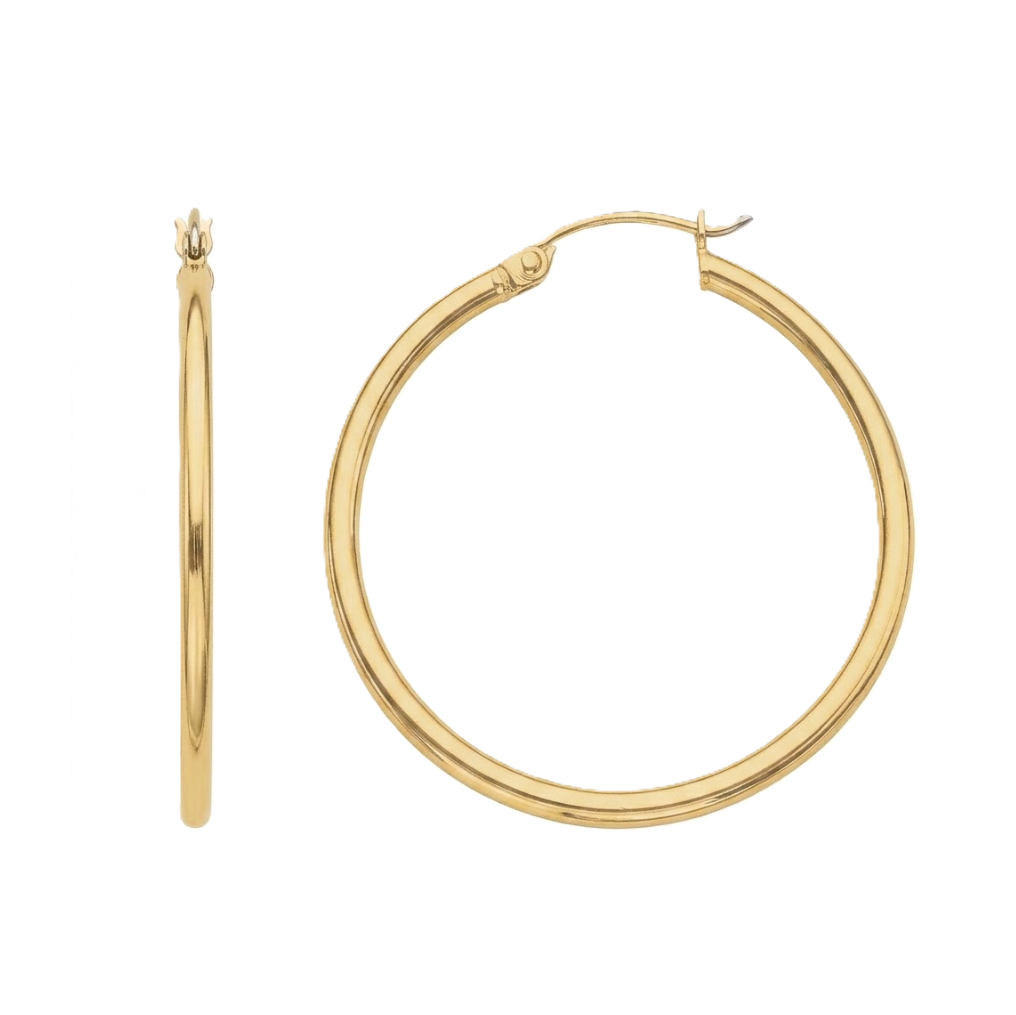 2 by 30 Millimeter Polished Hoop Earrings in Sterling Silver with an 18K Gold Plating Finish
