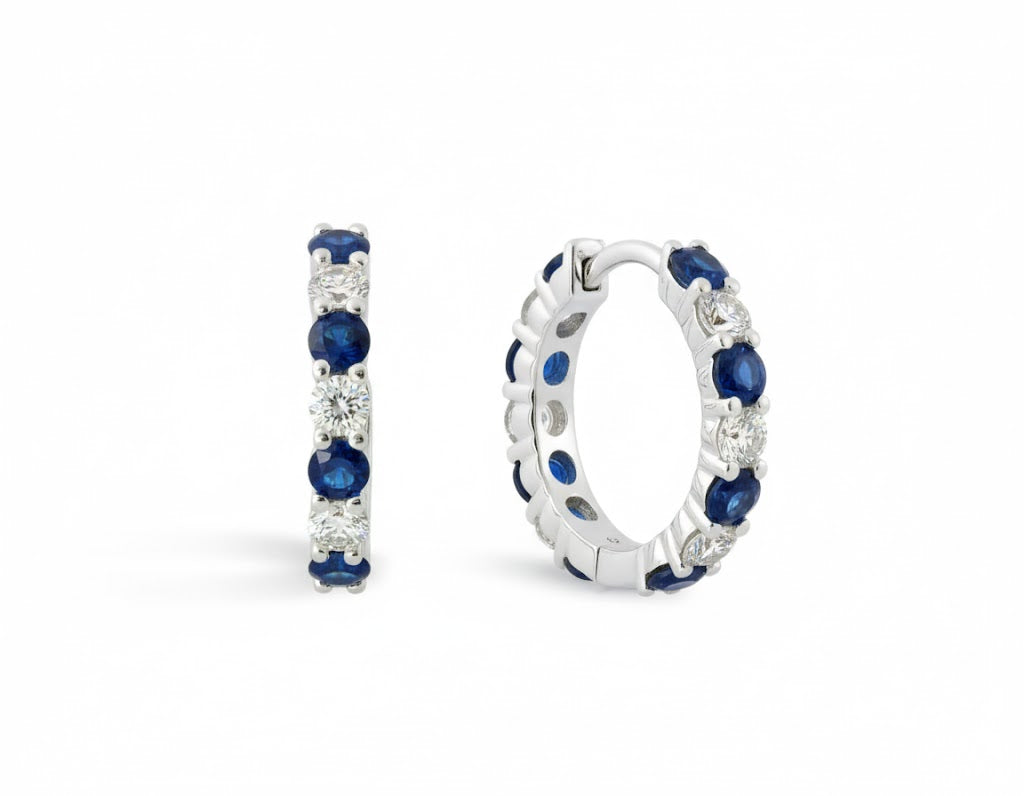 14K White Gold .65ct Sapphire & .36ct Diamond Huggie Earrings