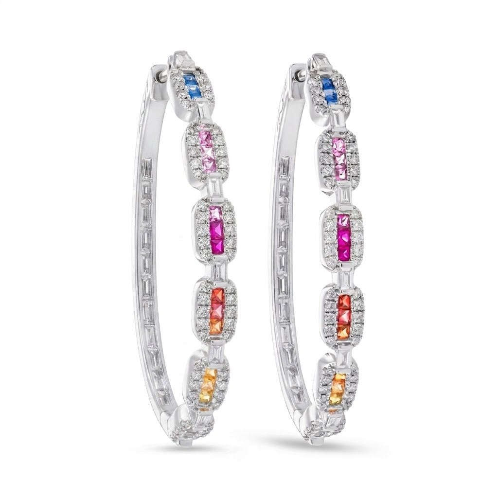 Multi-Color Sapphire & Diamond Inside-Outside Oval Hoop Earrings