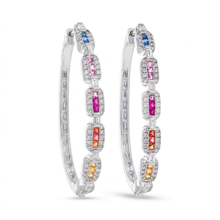 Multi-Color Sapphire & Diamond Inside-Outside Oval Hoop Earrings | 14K White Gold | 2.82 ctw | Diamond Halo Accents | Rainbow Sapphire Design - Brownee Jewelers