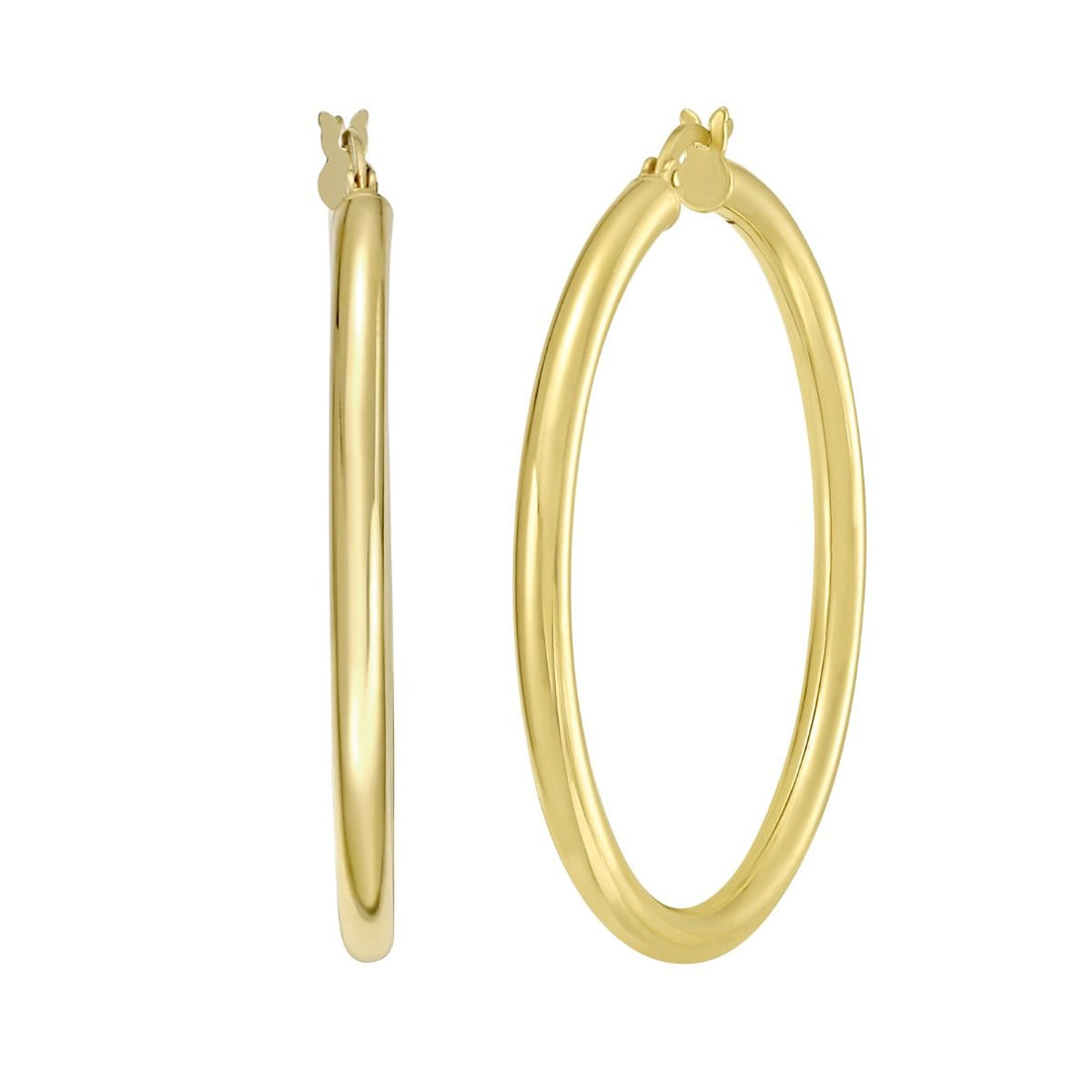 3 by 40 Millimeter Round Tube Hoop Earrings in Sterling Silver with a Yellow Gold-Plated Finish and a Hinged Clasp