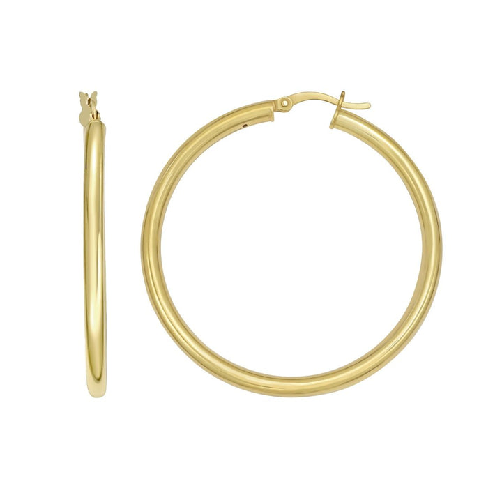Round Tube Hoop Earrings | Yellow Gold-Plated Sterling Silver | 40mm | Hinged Clasp | AGYLT340 - Brownee Jewelers
