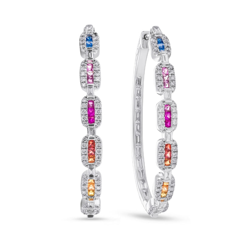 Multi-Color Sapphire & Diamond Inside-Outside Oval Hoop Earrings