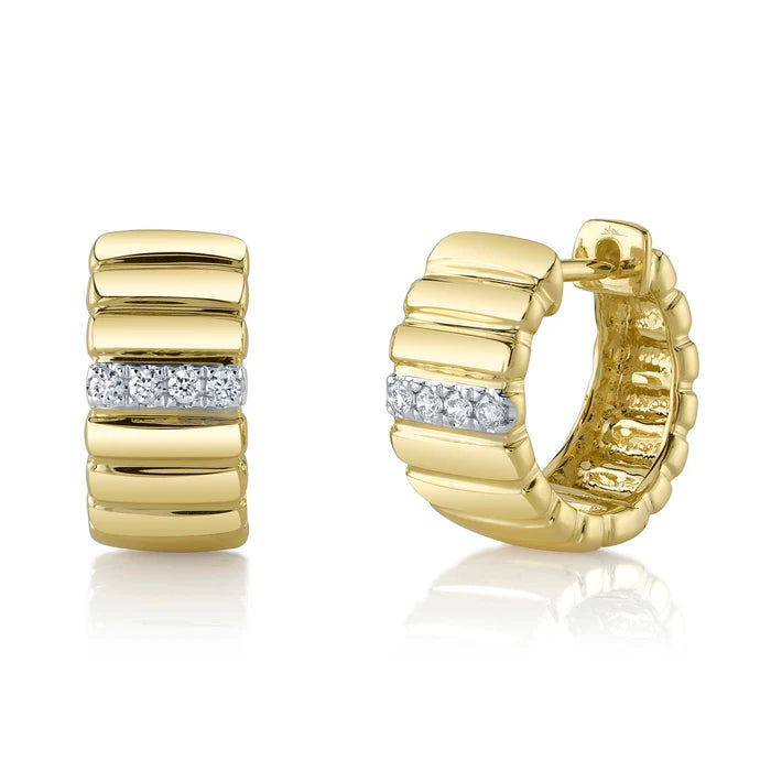 Diamond Ribbed Huggie Earrings | 14K Yellow Gold | 0.09 ctw | Pavé Huggies - Brownee Jewelers
