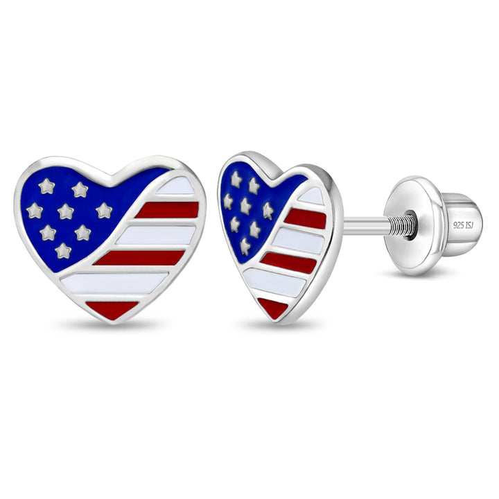 Patriotic Heart Kids Stud Earrings | Sterling Silver | Red, White, & Blue Enamel Heart Design | Screw Back | SS-03-01141 - Brownee Jewelers