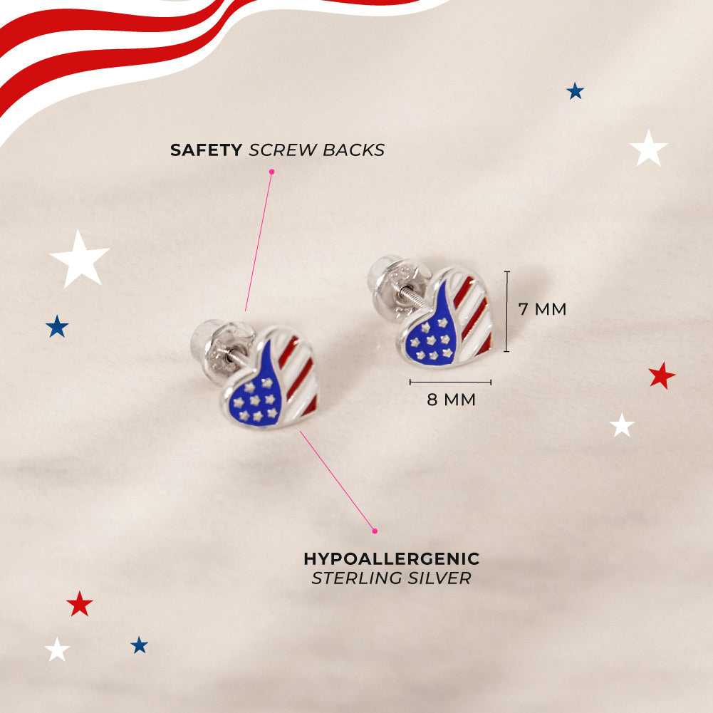 Sterling Silver Patriotic Red, White, and Blue Heart Kids Stud Earrings with Screw Backs