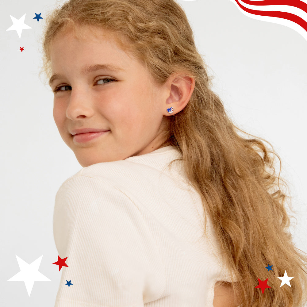 Sterling Silver Patriotic Red, White, and Blue Heart Kids Stud Earrings with Screw Backs