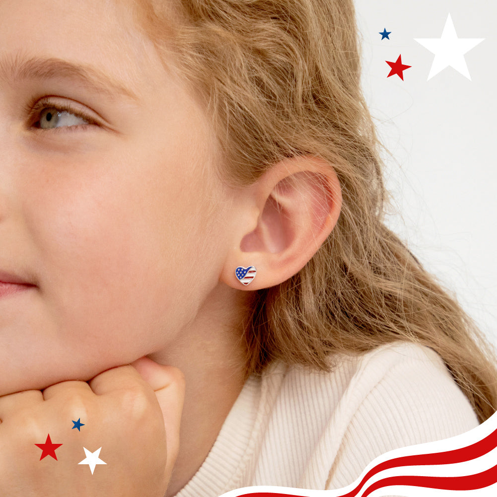 Sterling Silver Patriotic Red, White, and Blue Heart Kids Stud Earrings with Screw Backs
