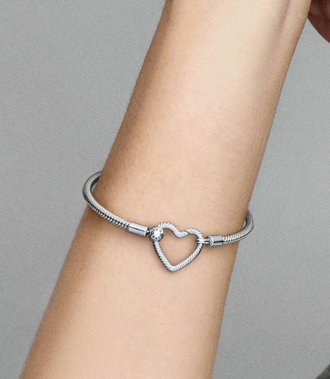 7.1 Inch Pandora Heart T-Bar Snake Chain Charm Bracelet in Sterling Silver