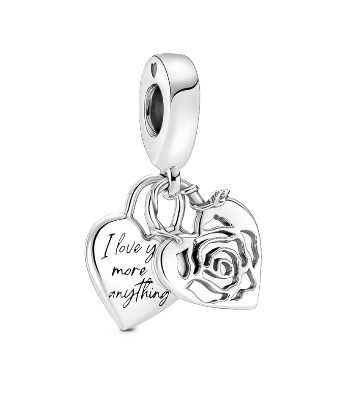 Pandora Rose Heart and Heart with "I love you more than anything" Engraving Double Dangle Charm in Sterling Silver