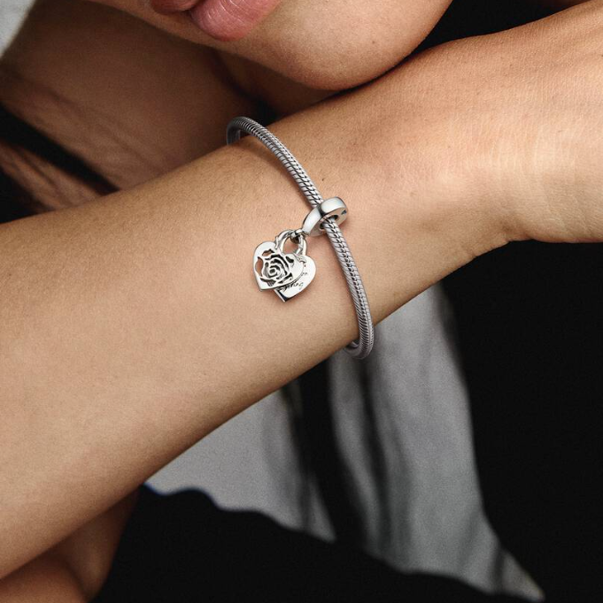 Pandora Rose Heart and Heart with "I love you more than anything" Engraving Double Dangle Charm in Sterling Silver