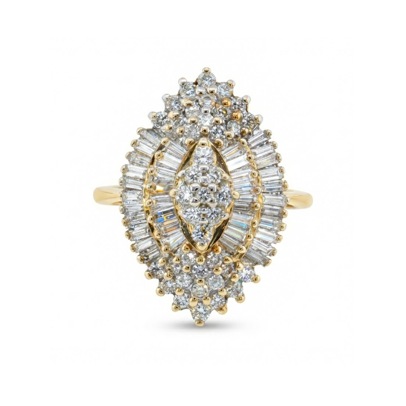 2.00 ctw Diamond Cluster Ring | Round & Baguette Diamonds | 10K Yellow Gold - Brownee Jewelers