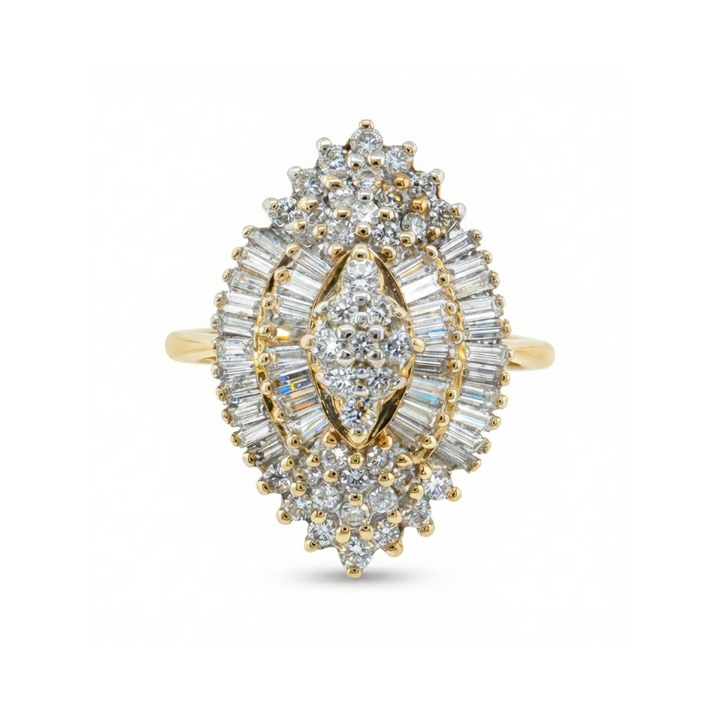 2.00 ctw Diamond Cluster Ring | Round & Baguette Diamonds | 10K Yellow Gold - Brownee Jewelers
