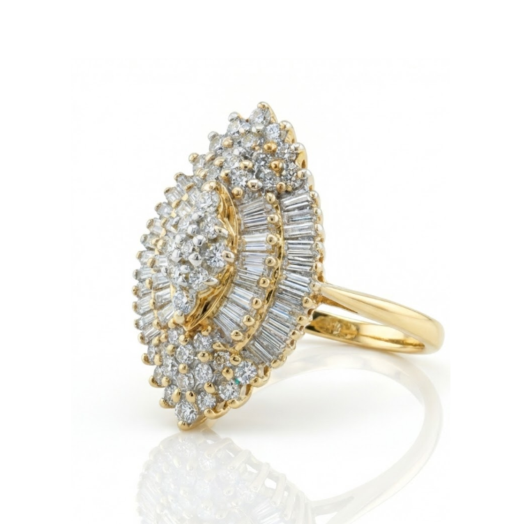 2.00 ctw Diamond Cluster Ring | Round & Baguette Diamonds | 10K Yellow Gold - Brownee Jewelers