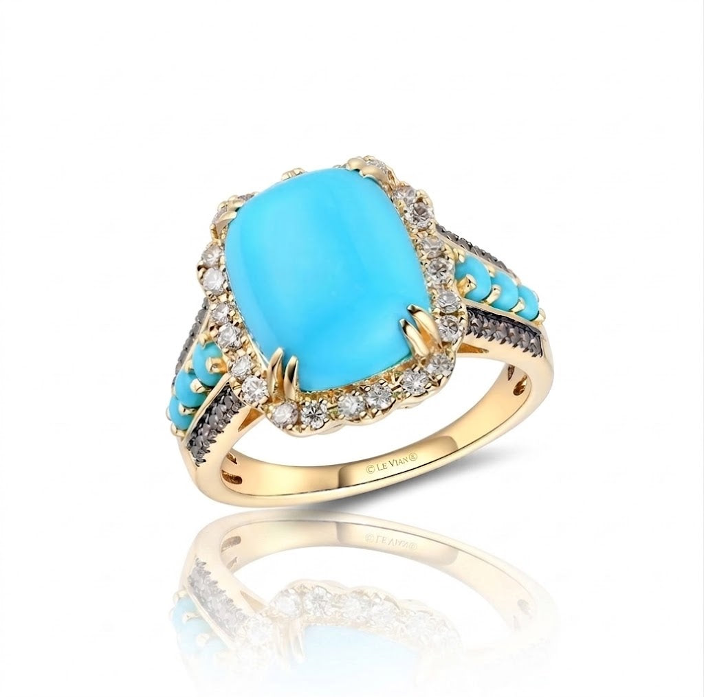 LeVian | Turquoise & Diamond Halo Ring | 14K Yellow Gold | Robin's Egg Blue Turquoise, Nude & Chocolate diamonds | TSUI 1 - Brownee Jewelers