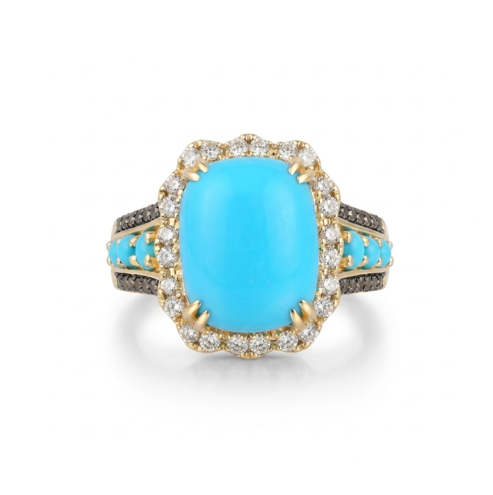 LeVian | Turquoise & Diamond Halo Ring | 14K Yellow Gold | Robin's Egg Blue Turquoise, Nude & Chocolate diamonds | TSUI 1 - Brownee Jewelers