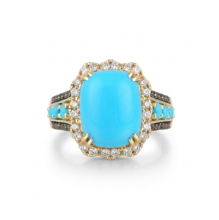 LeVian | Turquoise & Diamond Halo Ring | 14K Yellow Gold | Robin's Egg Blue Turquoise, Nude & Chocolate diamonds | TSUI 1 - Brownee Jewelers