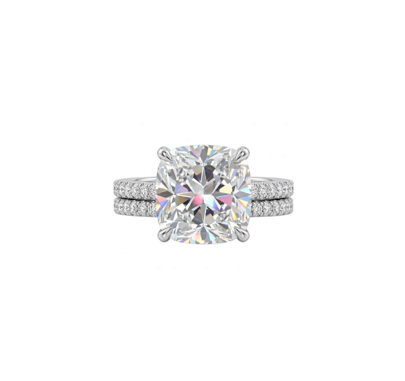 Cushion Lab-Grown Diamond Bridal Ring Set | 14K White Gold | Engagement Ring Set | Approx. 5.00 ct Center | Pavé Bands - Brownee Jewelers