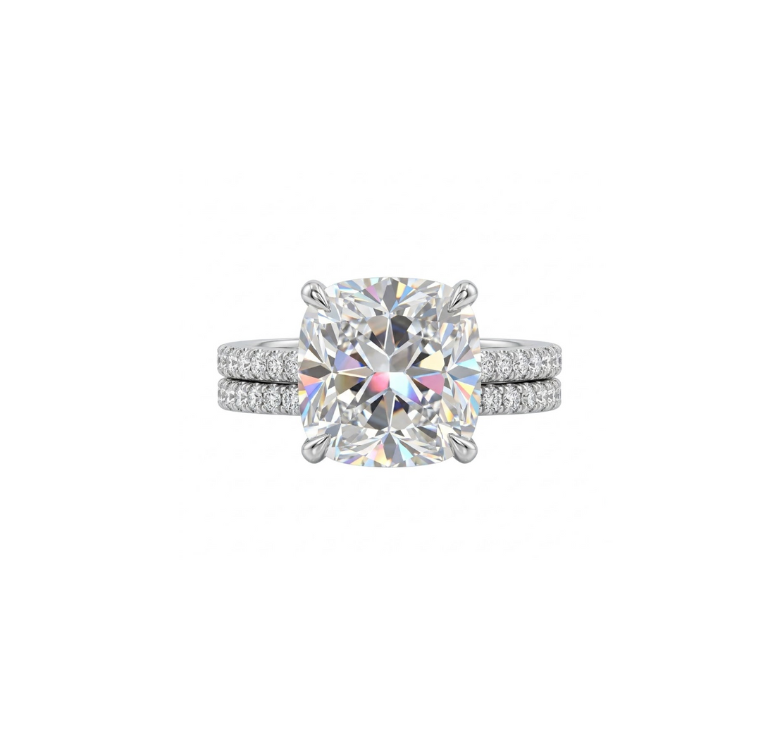 Cushion Lab-Grown Diamond Bridal Ring Set | 14K White Gold | Engagement Ring Set | Approx. 5.00 ct Center | Pavé Bands - Brownee Jewelers